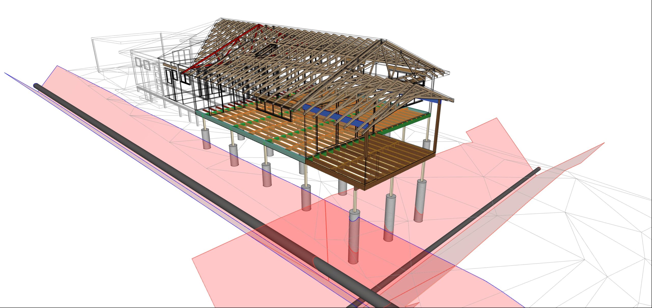 3D Construction model showing structural design and footings in relation to mains sewer and stormwater