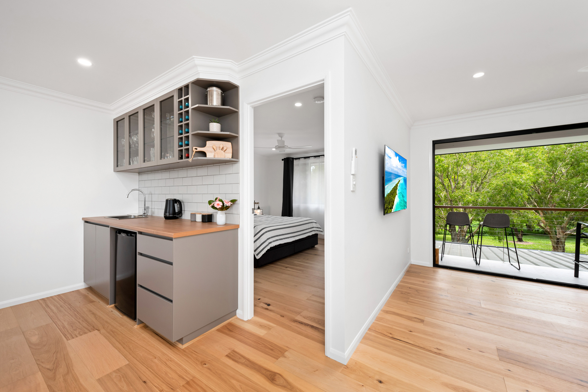 Second storey kitchenette adjoining master bedroom, rumpus and balcony with park views
