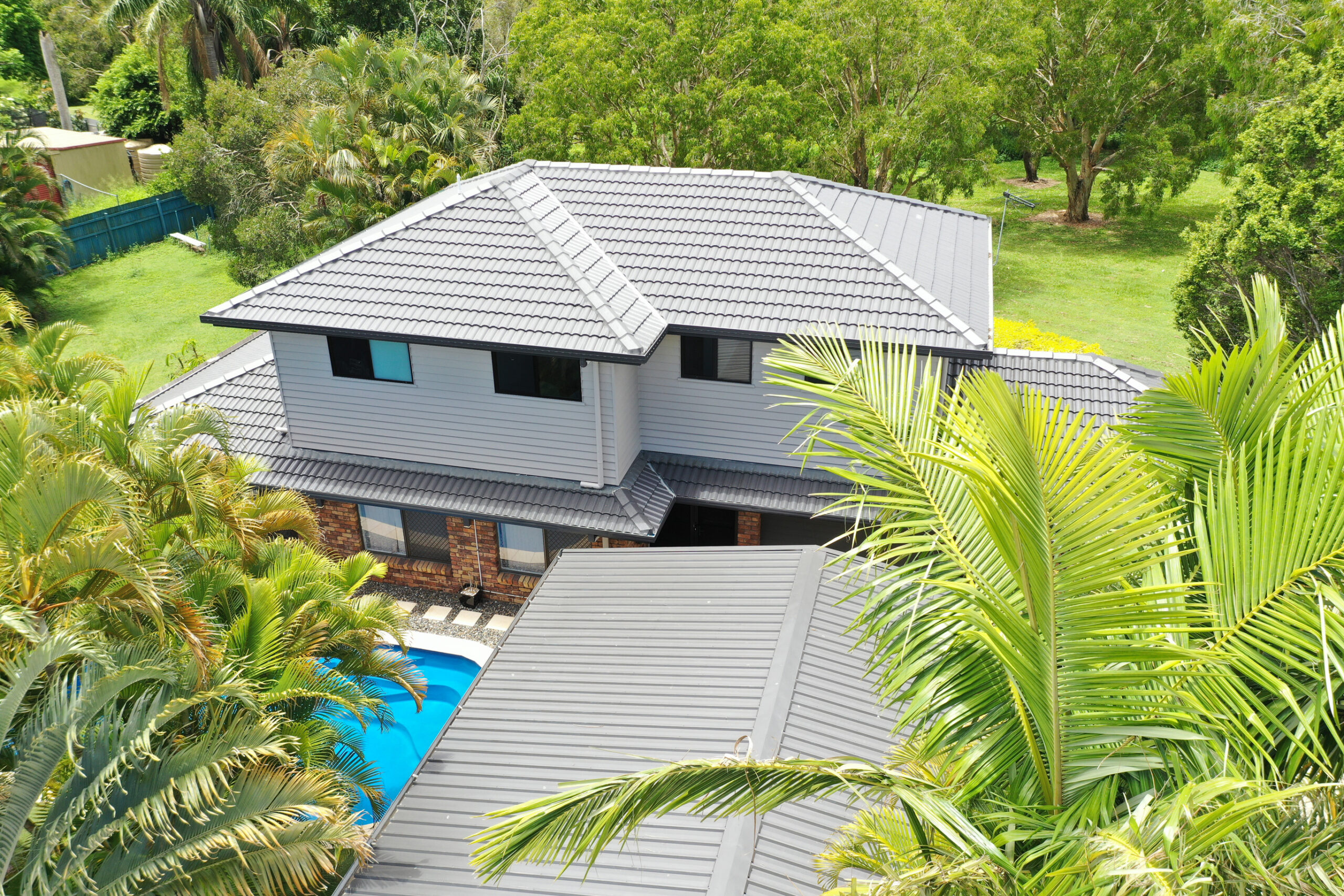 Drone photo of front aspect of Second Storey Extension Dark grey roof tiles
